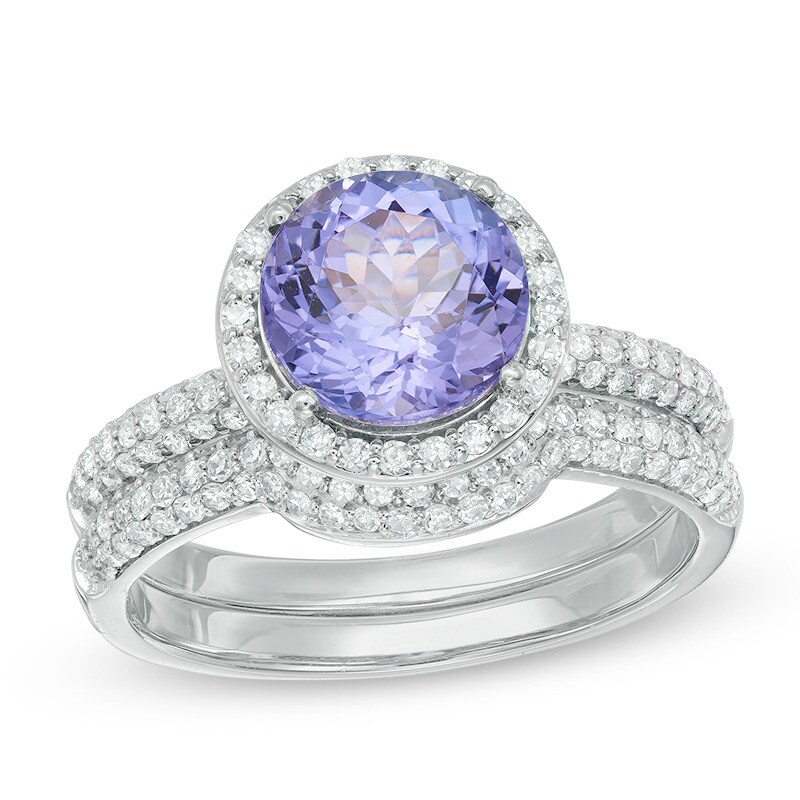 Main Image 1 of 8.0mm Tanzanite and 5/8 CT. T.W. Diamond Frame Bridal Set in 14K White Gold