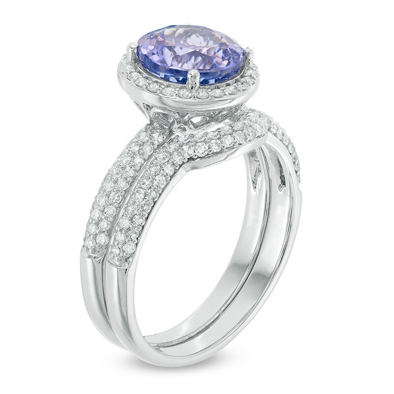 8.0mm Tanzanite and 5/8 CT. T.W. Diamond Frame Bridal Set in 14K White Gold