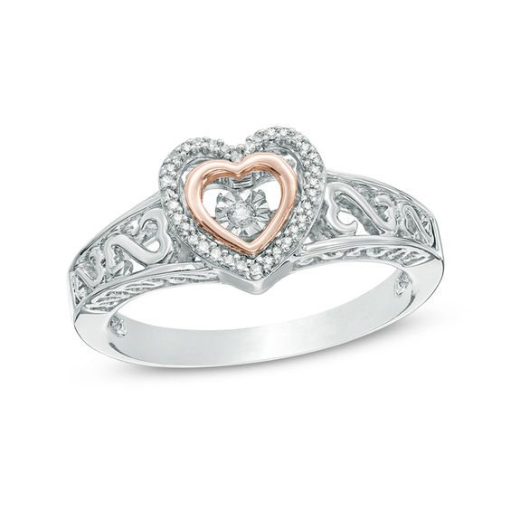 Open Hearts by Jane Seymourâ¢ 1/15 CT. T.w. Diamond Double Heart Ring in Sterling Silver and 10K Rose Gold