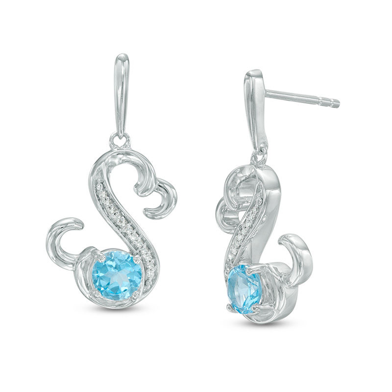 Open Hearts by Jane Seymour™ 5.0mm Blue Topaz and 1/20 CT. T.W. Diamond Drop Earrings in Sterling Silver