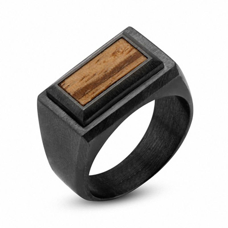 Men's 11.5mm Brushed Black IP Stainless Steel Ring with Zebrawood Inlay