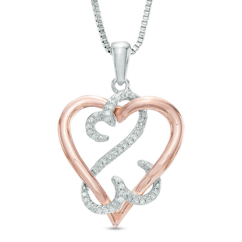 Main Image 1 of Open Hearts by Jane Seymour™ 1/15 CT. T.W. Diamond Interlocking Pendant in Sterling Silver and 10K Rose Gold
