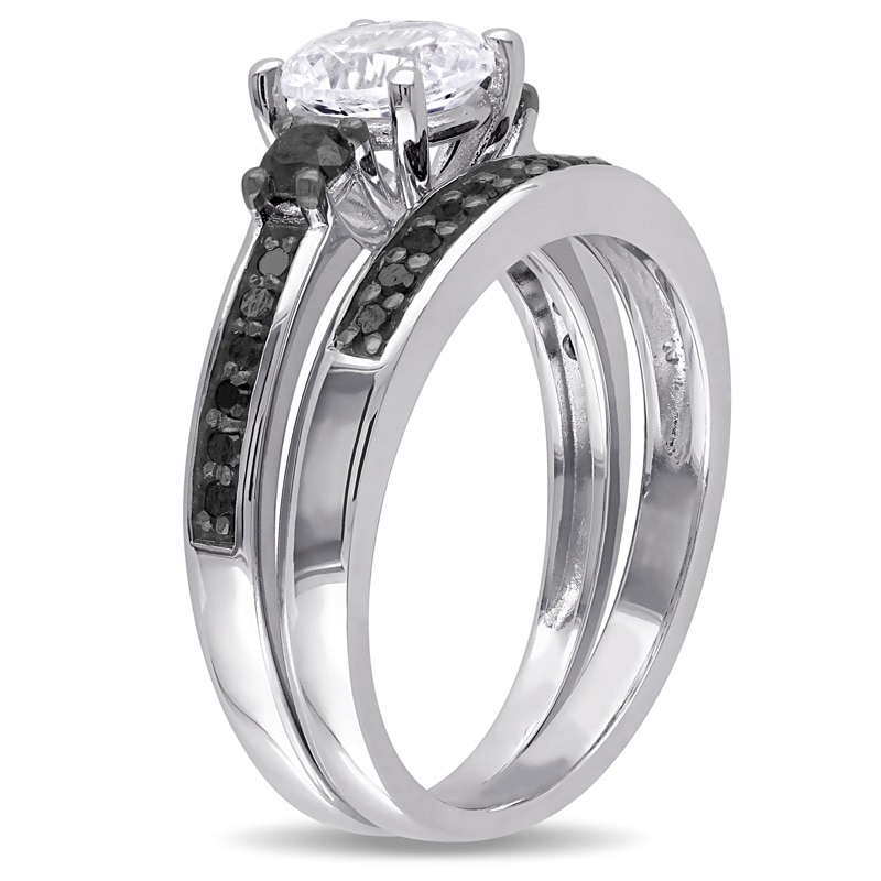 Main Image 2 of Lab-Created White Sapphire and 3/8 CT. T.W. Black Diamond Three Stone Bridal Set in Sterling Silver
