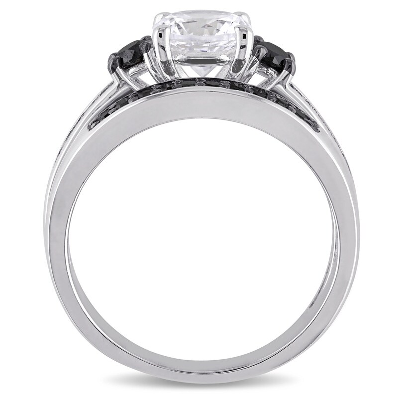 Main Image 3 of Lab-Created White Sapphire and 3/8 CT. T.W. Black Diamond Three Stone Bridal Set in Sterling Silver