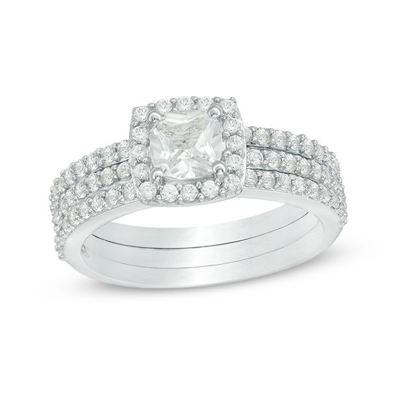 Cushion-Cut Lab-Created White Sapphire Frame Three Piece Bridal Set in Sterling Silver