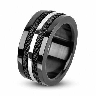 Men's 9.5mm Two Cable Inlay Band in Two-Tone Stainless Steel