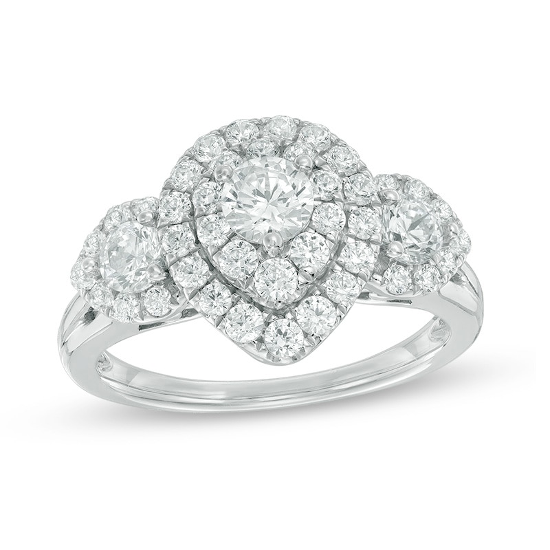 Main Image 1 of 1-1/2 CT. T. W. Diamond Past Present Future® Pear-Shape Frame Ring in 14K White Gold