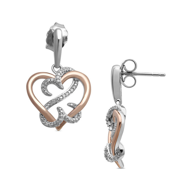 Main Image 1 of Open Hearts by Jane Seymour™ 1/10 CT. T.W. Diamond Drop Earrings in Sterling Silver and 10K Rose Gold