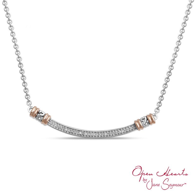 Open Hearts by Jane Seymour™ 1/15 CT. T.W. Diamond Curve Bar Necklace in Sterling Silver and 10K Rose Gold