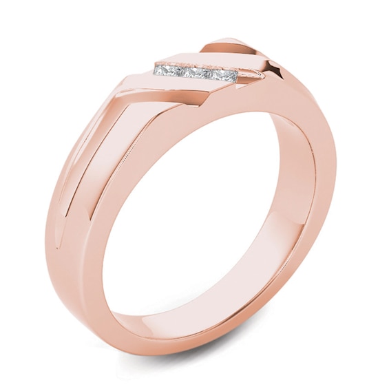 Men's 1/8 CT. T.W. Square-Cut Diamond Three Stone Slant Wedding Band in 14K Rose Gold Men's 1/8 CT. T.W. Square-Cut Diamond Three Stone Slant Wedding Band in 14K Rose Gold