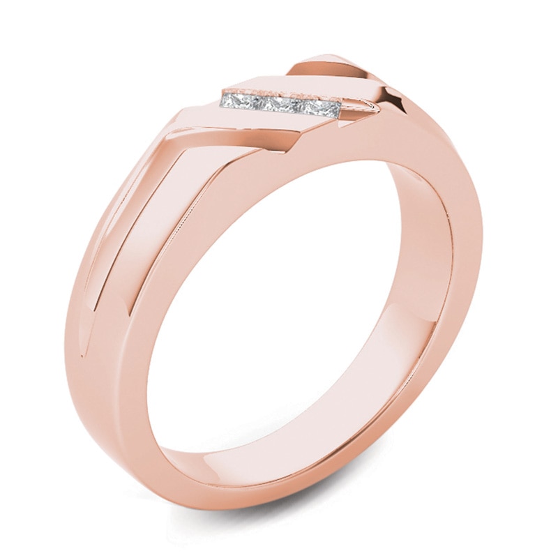 Men's 1/8 CT. T.W. Square-Cut Diamond Three Stone Slant Wedding Band in 14K Rose Gold