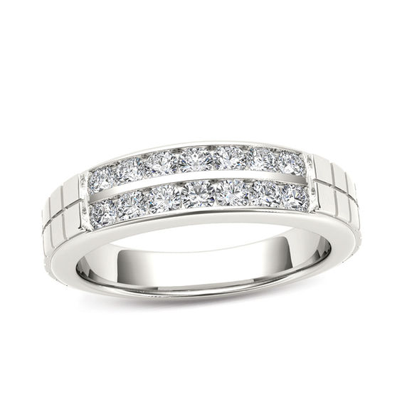 Men S 3 4 Ct T W Diamond Two Row Etched Wedding Band In 14k White T W Diamond Two Row Etched Wedding Band In 14k White