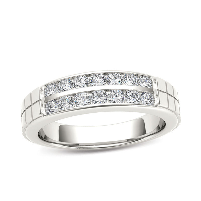 Main Image 1 of 3/4 CT. T.W. Diamond Two Row Etched Wedding Band in 14K White Gold