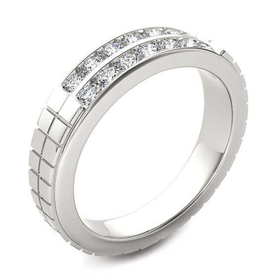 3/4 CT. T.w. Diamond Two Row Etched Wedding Band in 14K White Gold