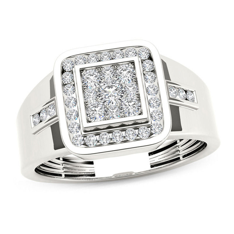 Men's 1/2 CT. T.W. Composite Diamond Square Frame Signet Ring in 14K White Gold