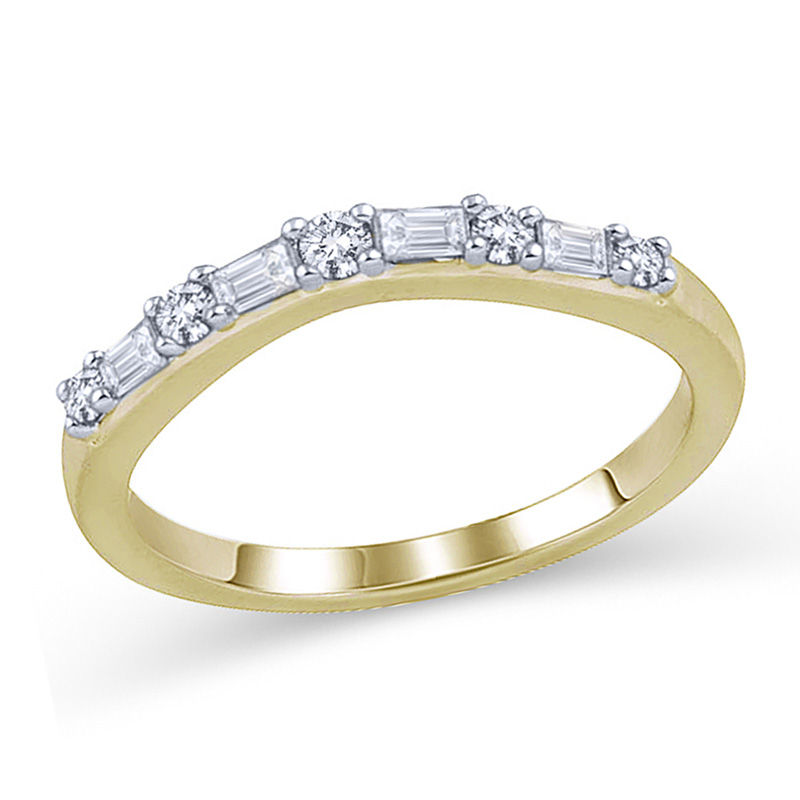 1/4 CT. T.W. Baguette-Cut and Round Diamond Alternating Wedding Band in 14K Gold