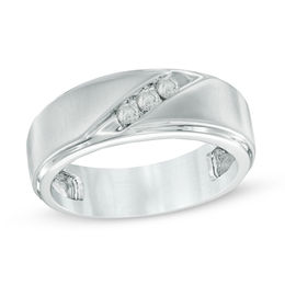 Mens Rings Zales Men S 1 3 Ct T W Diamond Three Stone Slant Wedding Band In 10k White