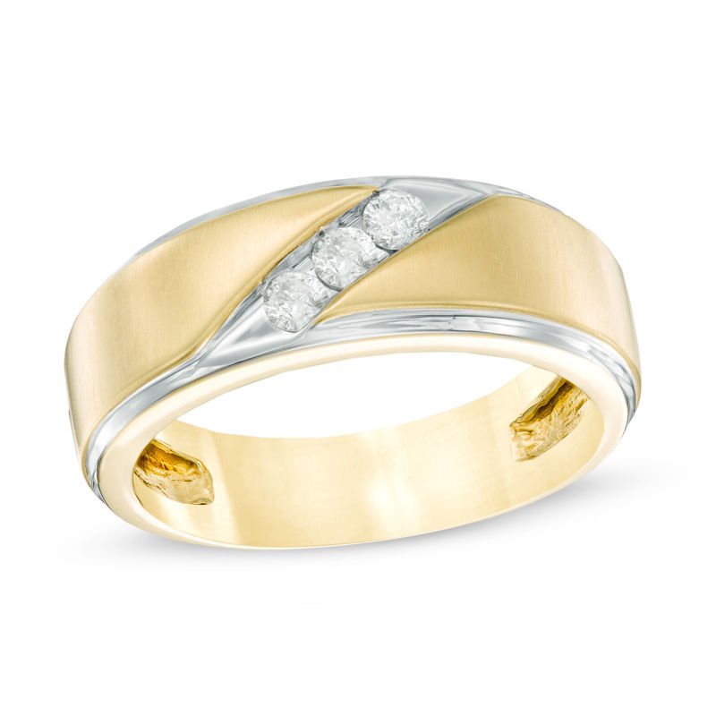 Main Image 1 of 1/3 CT. T.W. Diamond Satin Three Stone Slant Wedding Band in 10K Gold