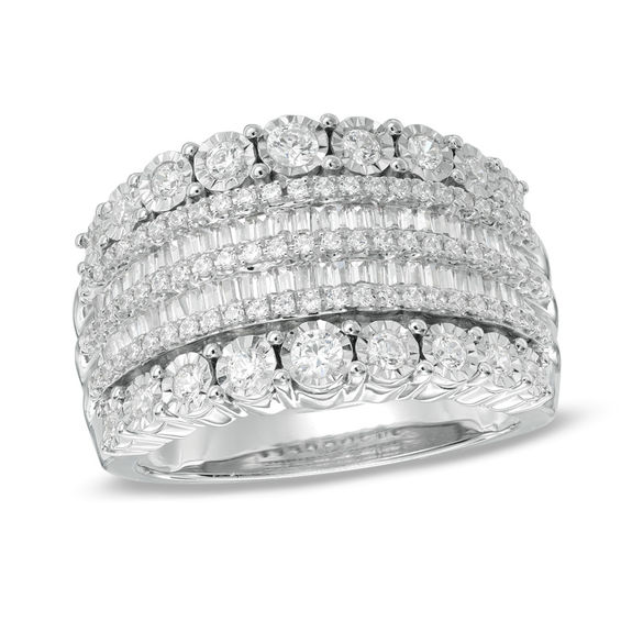 1 CT. T.w. Round and Baguette-Cut Diamond Anniversary Band in 10K White Gold