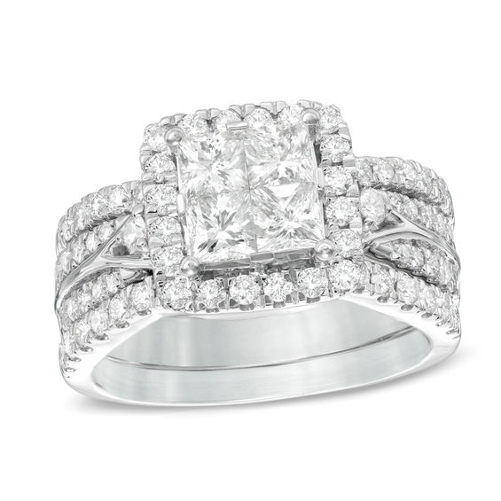 2 CT. T.w. Princess-Cut Quad Diamond Frame Three Piece Bridal Set in 14K White Gold