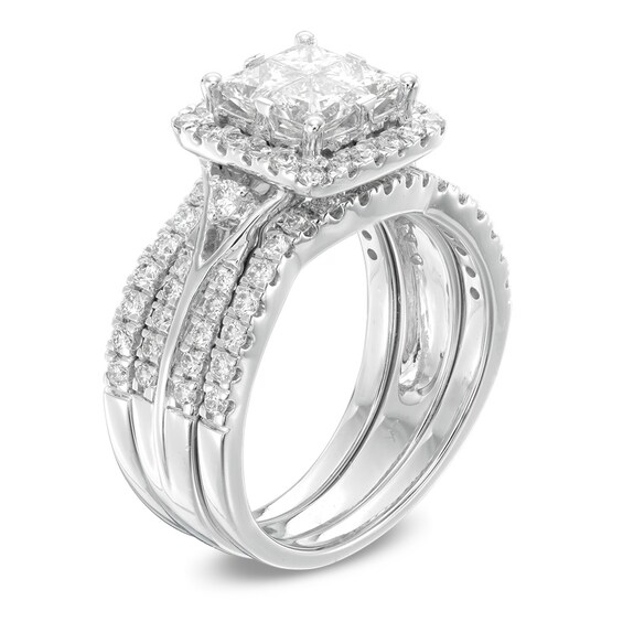 2 CT. T.w. Princess-Cut Quad Diamond Frame Three Piece Bridal Set in 14K White Gold