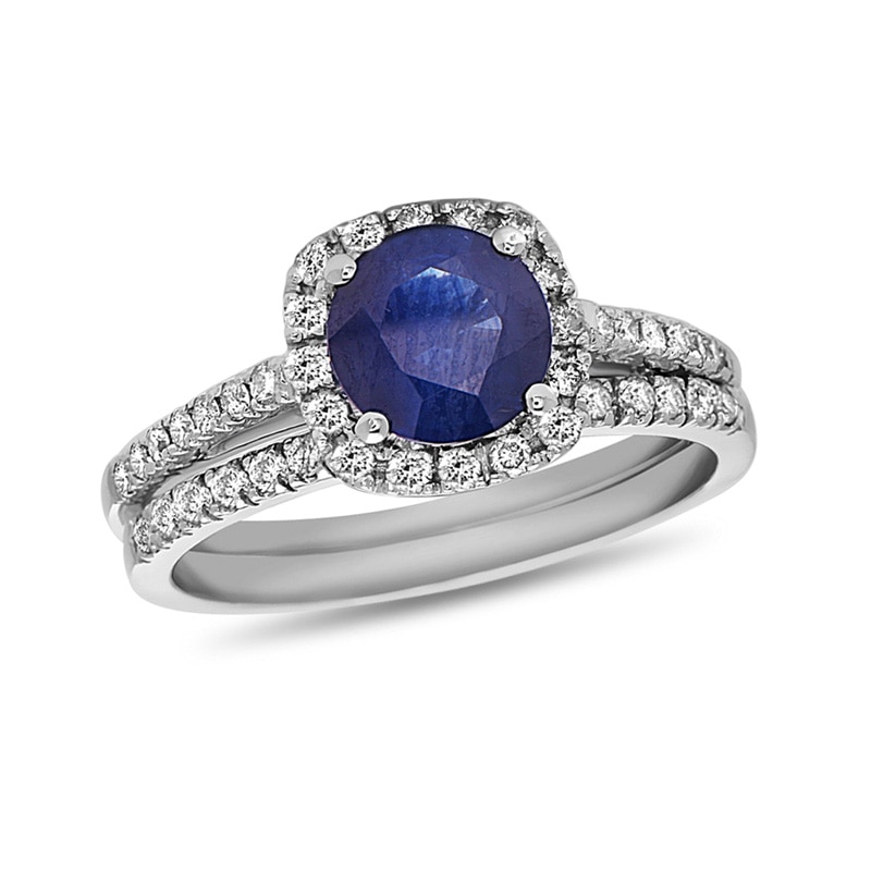 6.0mm Blue Sapphire and 3/8 CT. T.W. Diamond Cushion Frame Bridal Set in 14K White Gold