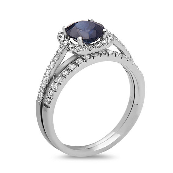 6.0mm Blue Sapphire and 3/8 CT. T.w. Diamond Cushion Frame Bridal Set in 14K White Gold