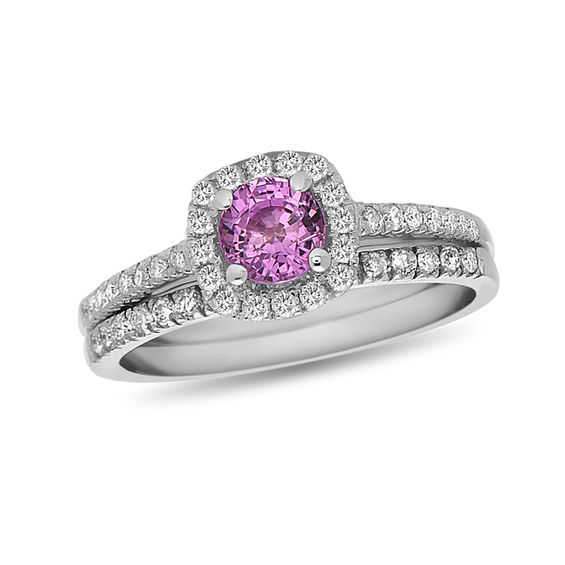 5.0mm Pink Sapphire and 3/8 CT. T.W. Diamond Cushion Frame Bridal Set in 14K White Gold 5.0mm Pink Sapphire and 3/8 CT. T.W. Diamond Cushion Frame Bridal Set in 14K White Gold