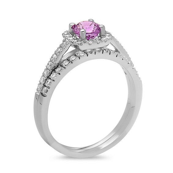 5.0mm Pink Sapphire and 3/8 CT. T.W. Diamond Cushion Frame Bridal Set in 14K White Gold 5.0mm Pink Sapphire and 3/8 CT. T.W. Diamond Cushion Frame Bridal Set in 14K White Gold