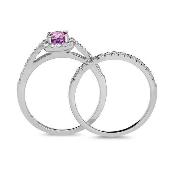 5.0mm Pink Sapphire and 3/8 CT. T.W. Diamond Cushion Frame Bridal Set in 14K White Gold 5.0mm Pink Sapphire and 3/8 CT. T.W. Diamond Cushion Frame Bridal Set in 14K White Gold