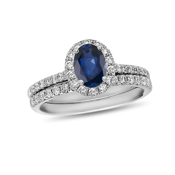 Oval Blue Sapphire and 5/8 CT. T.W. Diamond Frame Bridal Set in 14K ...