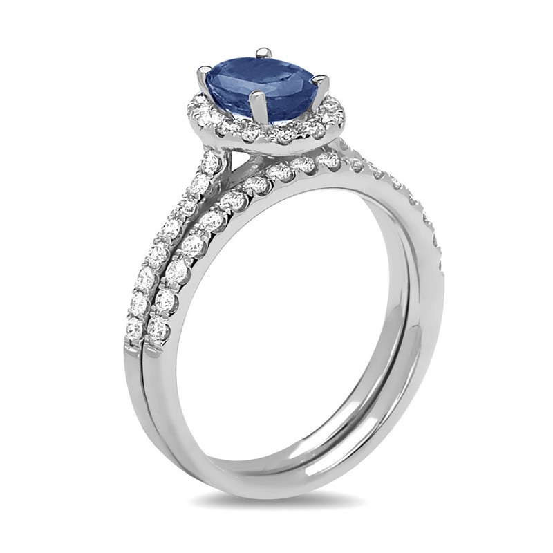 Main Image 2 of Oval Blue Sapphire and 5/8 CT. T.W. Diamond Frame Bridal Set in 14K White Gold