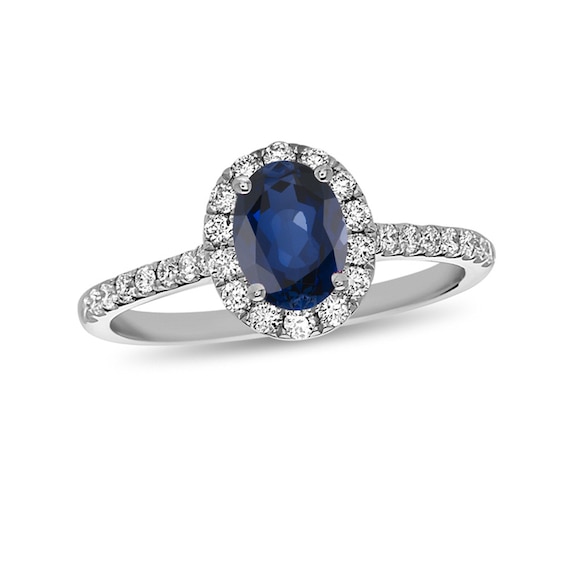 Oval Blue Sapphire and 3/8 CT. T.w. Diamond Frame Engagement Ring in 14K White Gold