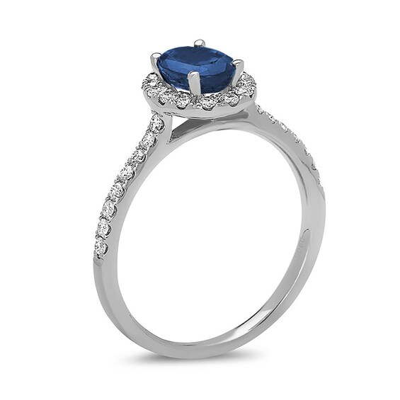 Oval Blue Sapphire and 3/8 CT. T.w. Diamond Frame Engagement Ring in 14K White Gold