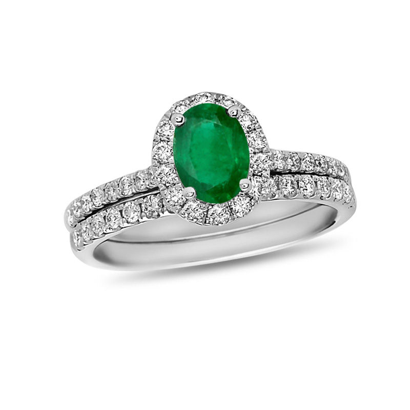 Oval Emerald and 5/8 CT. T.W. Diamond Frame Bridal Set in 14K White Gold