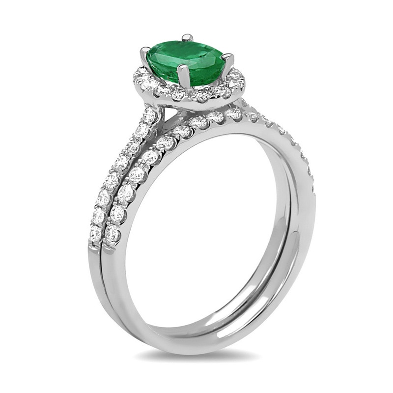 Oval Emerald and 5/8 CT. T.W. Diamond Frame Bridal Set in 14K White Gold