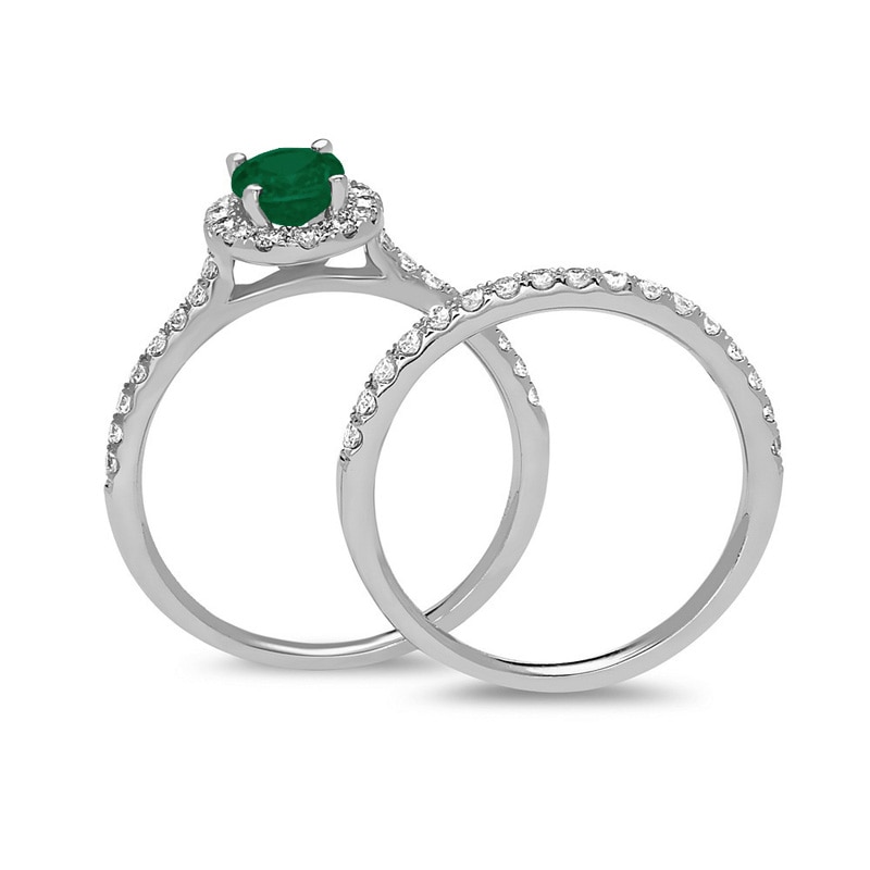 Oval Emerald and 5/8 CT. T.W. Diamond Frame Bridal Set in 14K White Gold