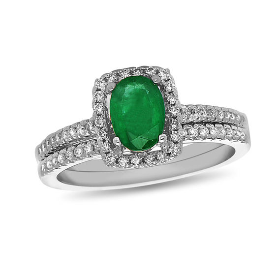 Oval Emerald and 1/3 CT. T.W. Diamond Frame Bridal Set in 14K White ...