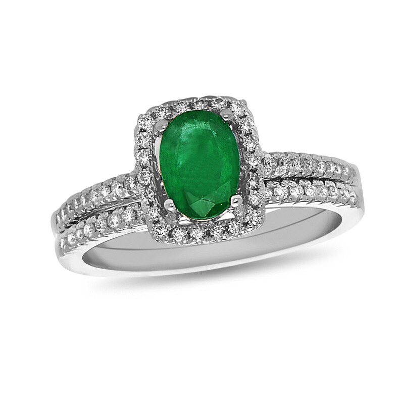 Oval Emerald and 1/3 CT. T.W. Diamond Frame Bridal Set in 14K White Gold