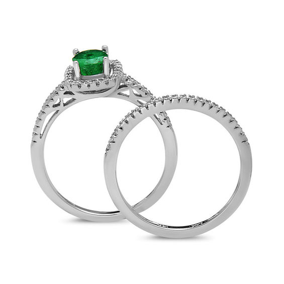 Oval Emerald and 1/3 CT. T.w. Diamond Frame Bridal Set in 14K White Gold