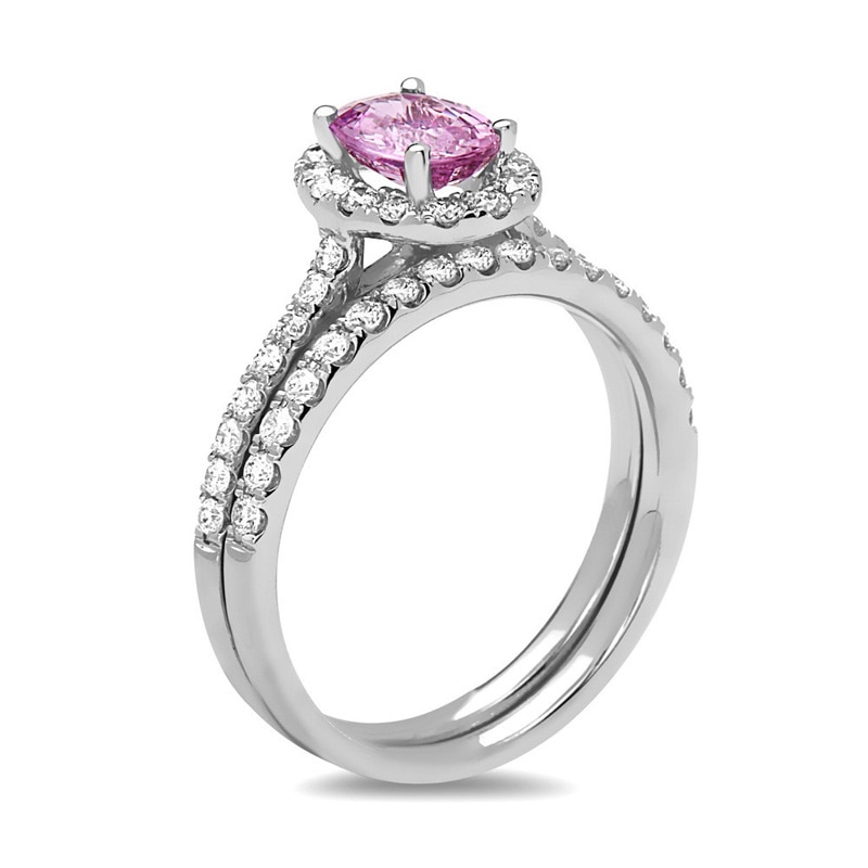 Oval Pink Sapphire and 5/8 CT. T.W. Diamond Frame Bridal Set in 14K White Gold