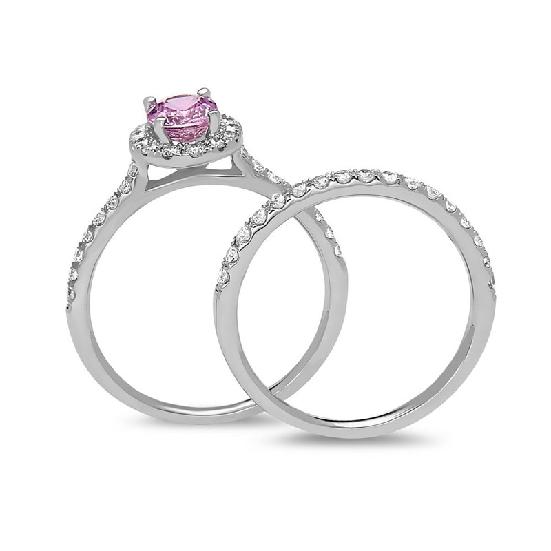 Oval Pink Sapphire and 5/8 CT. T.W. Diamond Frame Bridal Set in 14K White Gold