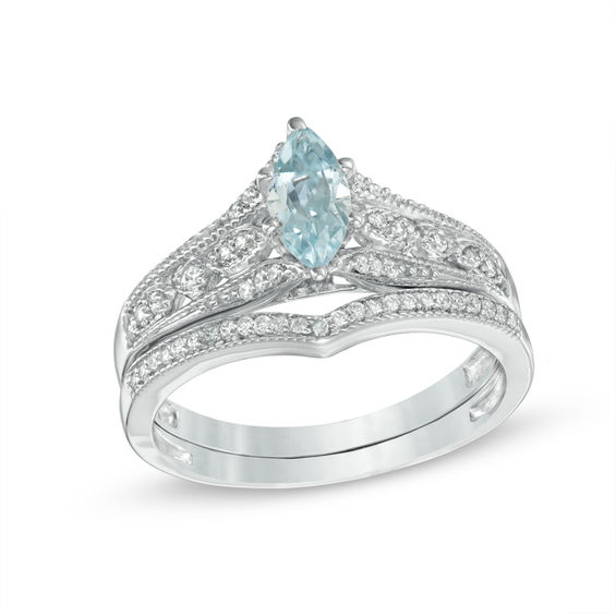 Marquise Aquamarine and 1/5 CT. T.W. Diamond Vintage-Style Bridal Set ...