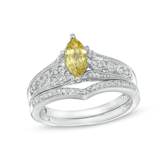 Marquise Yellow Beryl and 1/5 CT. T.w. Diamond Vintage-Style Bridal Set in 10K White Gold