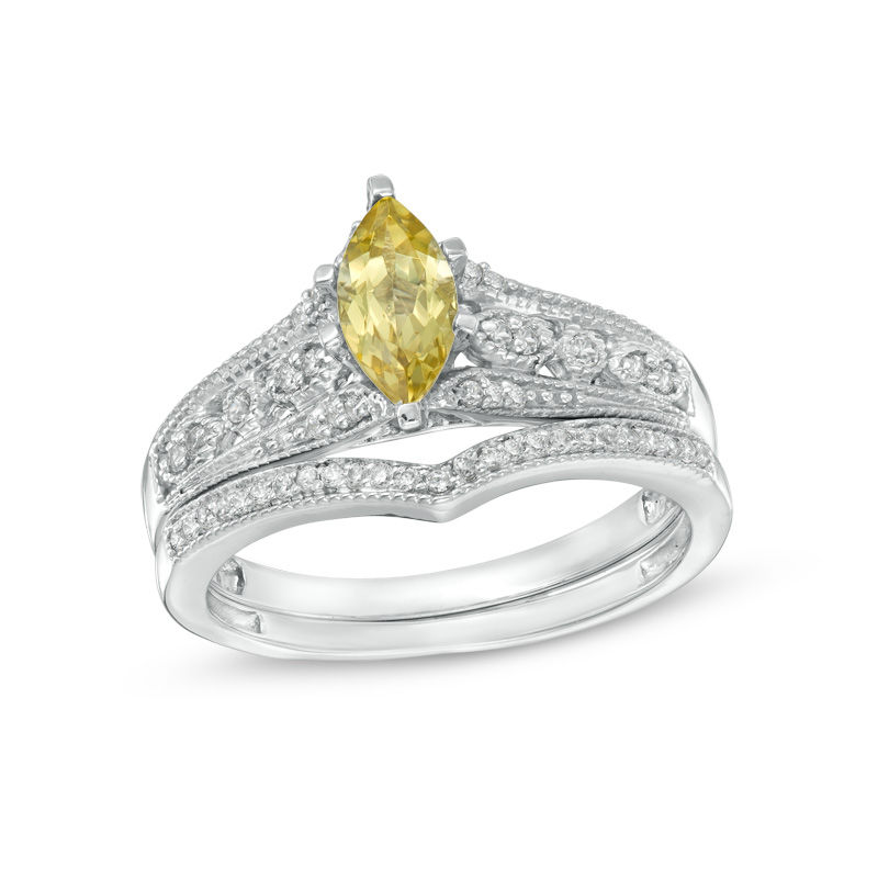 Marquise Yellow Beryl and 1/5 CT. T.W. Diamond Vintage-Style Bridal Set in 10K White Gold