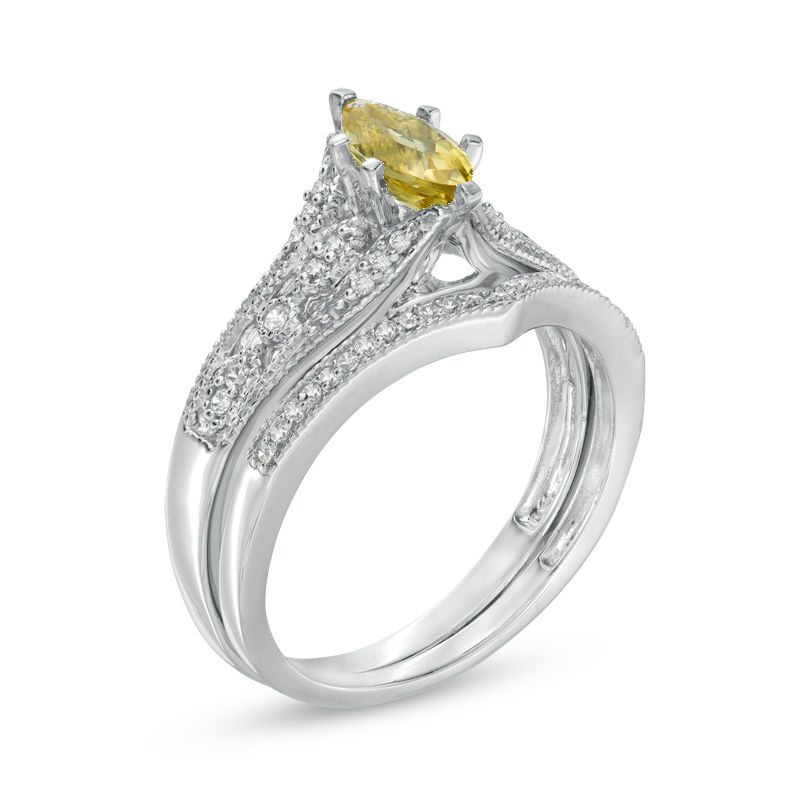 Marquise Yellow Beryl and 1/5 CT. T.W. Diamond Vintage-Style Bridal Set in 10K White Gold