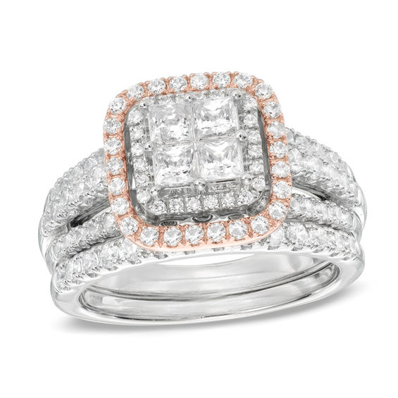 2 CT. T.w. Quad Princess-Cut Diamond Frame Bridal Set in 14K Two-Tone Gold