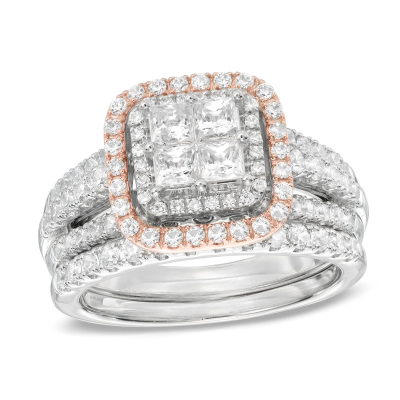 Main Image 1 of 2 CT. T.W. Quad Princess-Cut Diamond Frame Bridal Set in 14K Two-Tone Gold