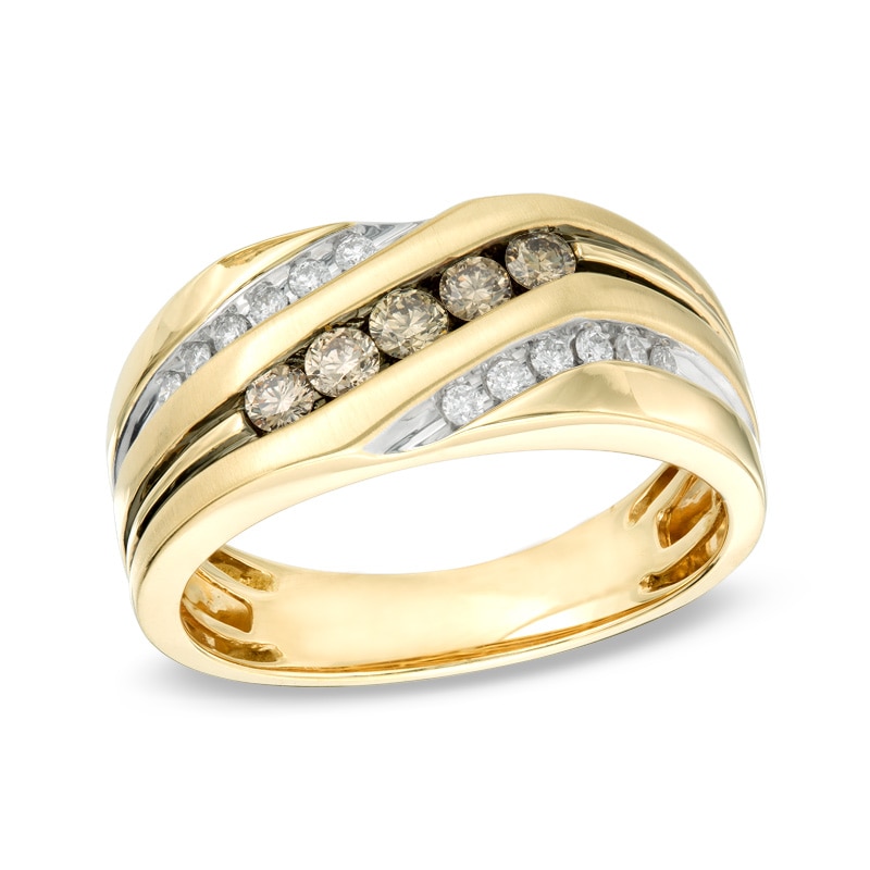 Main Image 1 of 1/2 CT. T.W. Champagne and White Diamond Three Row Slant Band in 10K Gold