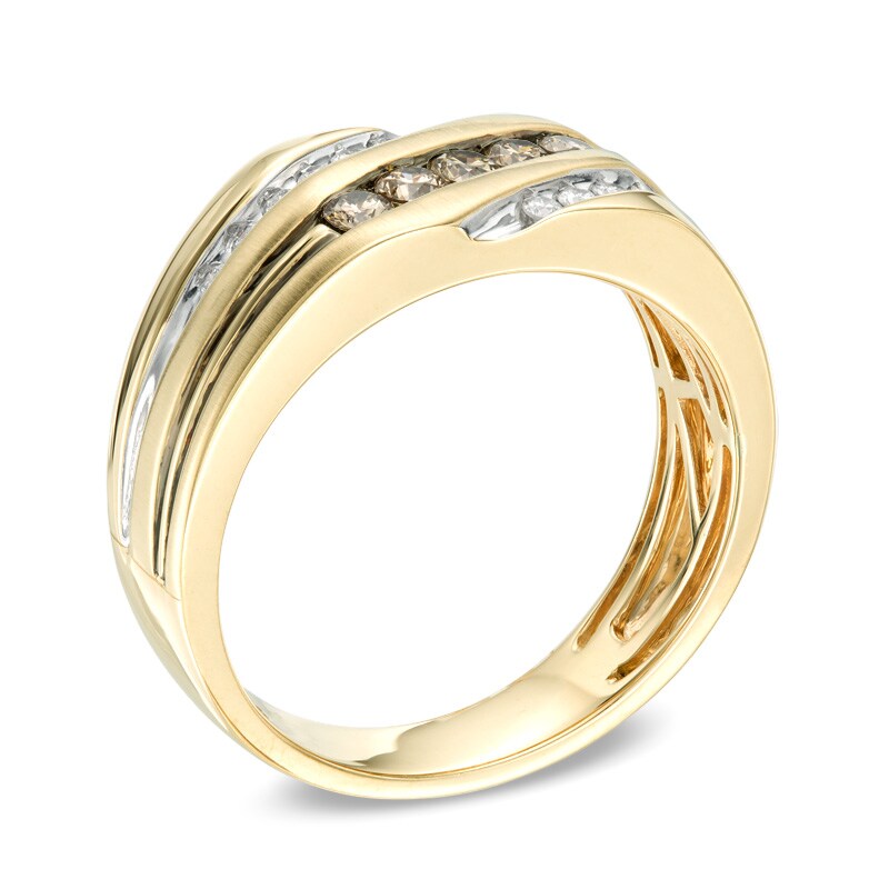 Main Image 2 of 1/2 CT. T.W. Champagne and White Diamond Three Row Slant Band in 10K Gold
